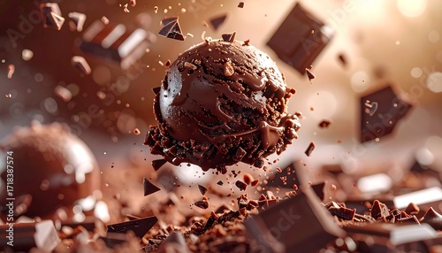 Chocolate ice cream sphere with flying pieces of chocolate