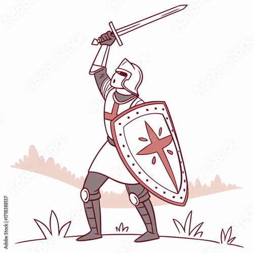 A brave medieval knight in full armor stands triumphantly holding a sword aloft and a shield emblazoned with a cross in a stylized outdoor landscape