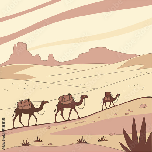 A caravan of three camels laden with cargo traverses a vast desert landscape under a hazy sky with distant rock formations and rolling sand dunes
