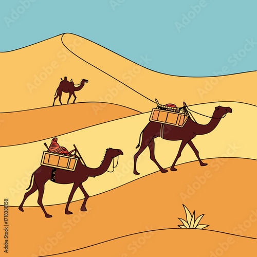 A caravan of camels traverses rolling sand dunes under a clear blue sky symbolizing desert travel and ancient journeys