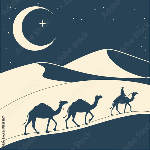 A caravan of camels silhouetted against a vast desert landscape under a starry night sky with a prominent crescent moon and a single bright star guiding their journey across the sand dunes
