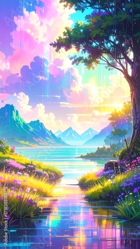 Vibrant landscape painting with a serene lake, colorful flowers, and a large tree