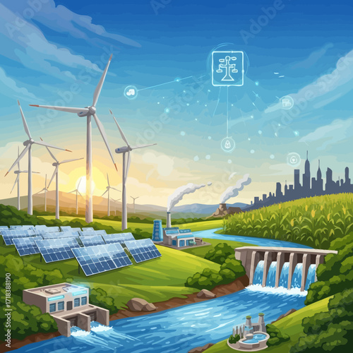 Visualize a sustainable future with this vibrant scene of wind turbines, solar panels, and hydroelectric power working together for clean energy solutions