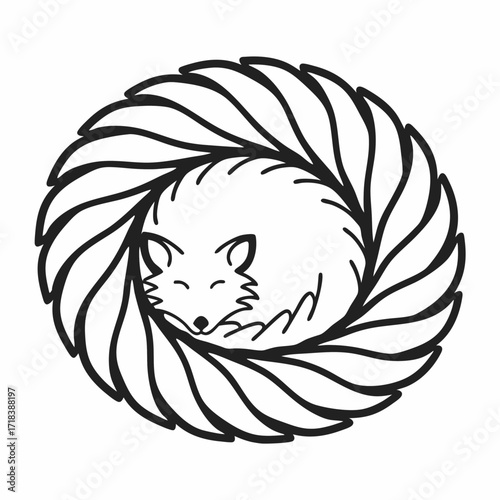 A charming black and white illustration of a cute stylized fox curled up asleep within a circular wreath of stylized leaves or petals creating a peaceful and harmonious design
