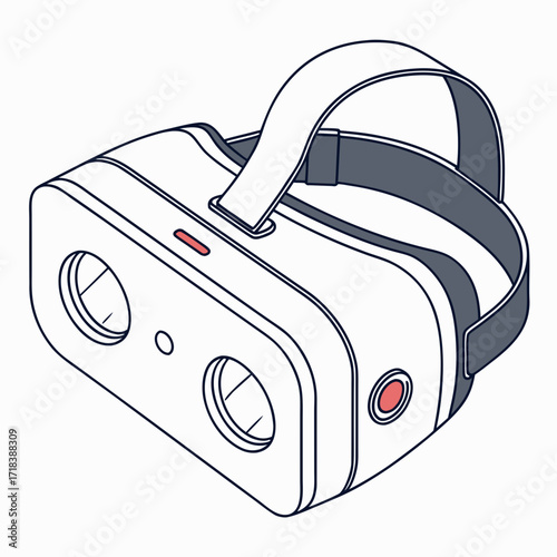A clean isometric line art illustration of a virtual reality headset with a white body dark gray straps and subtle red accents symbolizing immersive technology and digital experiences