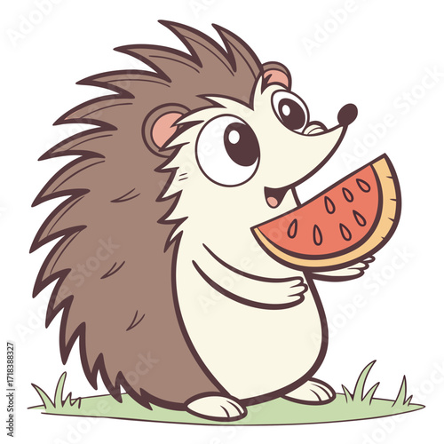 A cute cartoon hedgehog with big eyes happily eating a slice of juicy watermelon on a sunny day in the grass perfect for summer themes
