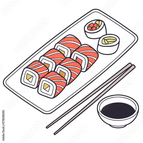 A delicious and vibrant illustration of a sushi platter featuring salmon rolls pickled ginger wasabi soy sauce and chopsticks perfect for food related designs