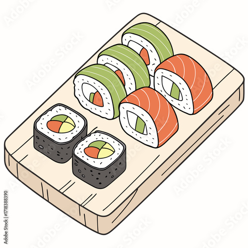 A delightful isometric illustration of a wooden serving board showcasing a variety of delicious sushi rolls including salmon avocado and cucumber fillings presented in a clean graphic style