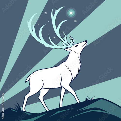A majestic white stag with large glowing antlers stands on a grassy hill under a starry night sky with a luminous moon and radiating light beams