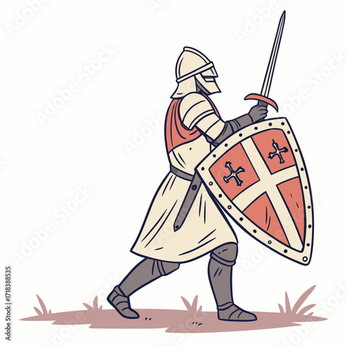 A medieval knight in full armor holding a sword and shield emblazoned with crosses stands ready for battle on a field of grass depicted in a stylized illustration