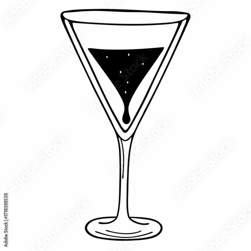 A minimalist black and white hand drawn illustration of a martini glass filled with dark liquid and small bubbles perfect for party invitations or bar menus