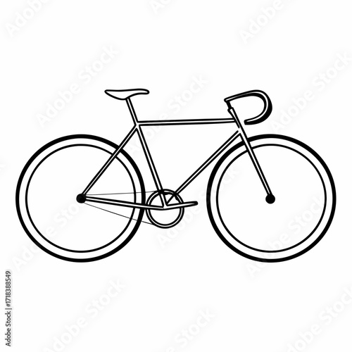 A minimalist black and white line art illustration of a classic road bicycle with drop handlebars and two wheels on a clean white background
