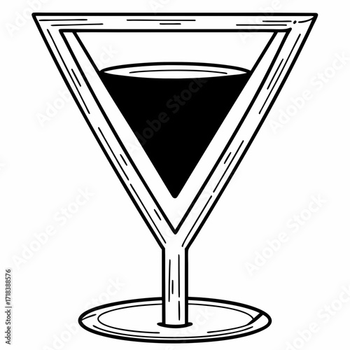 A minimalist black and white line art illustration of a martini glass filled with dark liquid perfect for cocktail recipes bar menus or celebratory designs