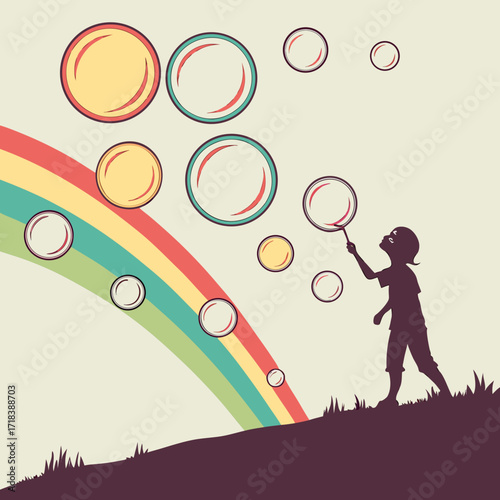 A silhouette of a child blowing bubbles against a pastel rainbow and creamy background with a grassy hilltop and sparse blades of grass