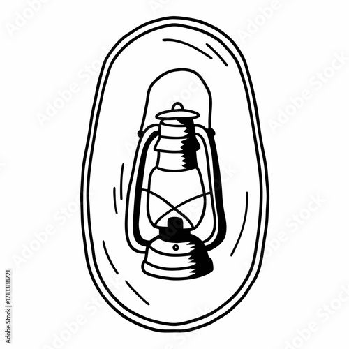 A simple black and white hand drawn illustration of a vintage kerosene lantern hanging inside an oval shape representing a tent or a shelter perfect for camping or outdoor adventure themes