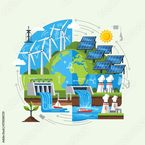 Sustainable energy solutions for a greener Earth featuring solar panels, wind turbines, and hydroelectric power plants in a clean energy cycle
