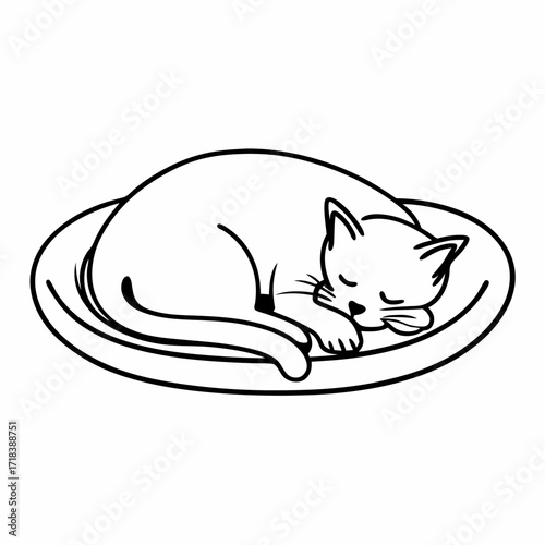 A simple black and white line drawing illustration of a cute domestic cat curled up asleep on a round cushion or bed conveying peace and tranquility