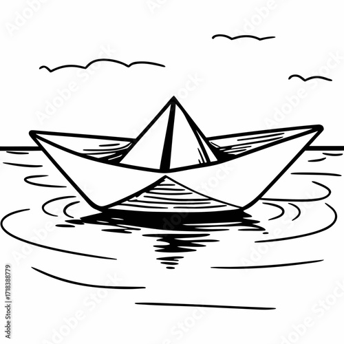 A simple black and white line drawing of a folded paper origami boat floating on rippling water with a few abstract cloud shapes in the sky above