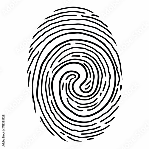 A stark black and white illustration of a fingerprint showcasing its unique swirling ridges and patterns against a clean white background symbolizing identity and individuality