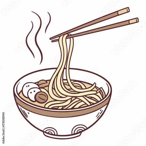 A steaming bowl of delicious noodles being lifted with chopsticks showcasing a simple and appetizing illustration of a popular asian dish with meatballs and broth