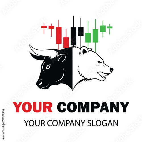 Vector art of bull and bear trading concept with stock market candlestick chart