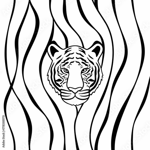 A striking black and white illustration of a fierce tiger s face emerging from behind abstract flowing vertical stripes creating a sense of mystery and power