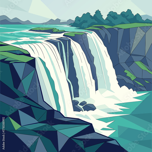 A stunning geometric illustration of a powerful waterfall cascading down rocky cliffs into a turquoise river surrounded by lush green trees and distant mountains under a clear sky