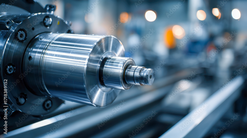 Fototapeta premium Industrial precision metal lathe spindle component reflecting high-tech manufacturing processes in a modern workshop with bokeh background lighting effects