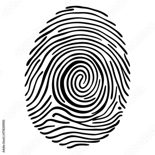 A stylized black and white illustration of a fingerprint with a clear spiral pattern in the center representing identity security and individuality