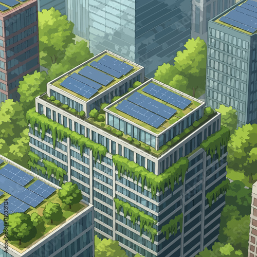 Sustainable city living with green buildings featuring solar panels and lush vegetation creating a modern and eco-friendly urban landscape