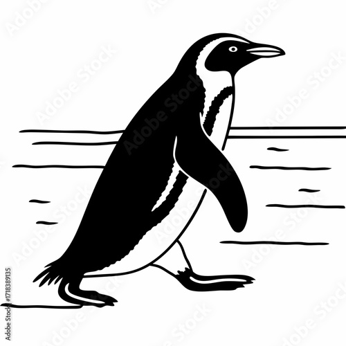 A stylized black and white illustration of a penguin walking across a simple landscape with horizontal lines representing water or ice perfect for educational or whimsical designs