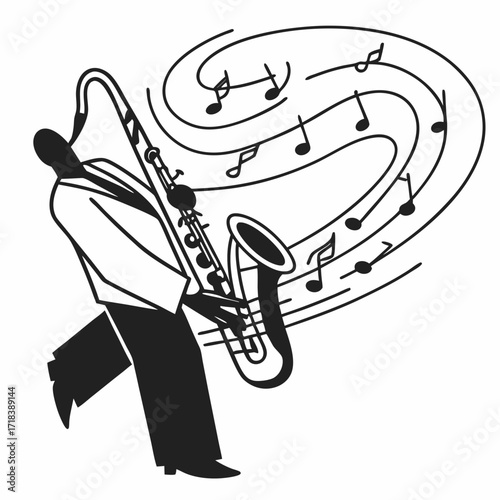 A stylized black and white illustration of a jazz musician playing the saxophone with musical notes swirling around in a dynamic energetic composition