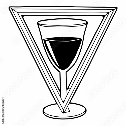 A stylized black and white illustration of a wine glass filled with dark liquid presented within a geometric triangular frame symbolizing elegance and sophistication