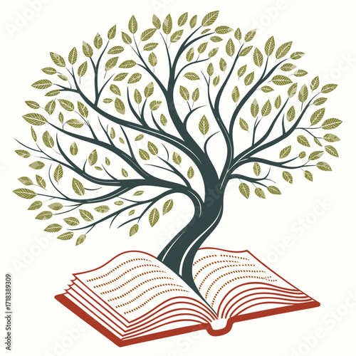 A stylized illustration of a dark green tree with many olive green leaves growing out of an open book with red covers and dotted pages on a white background symbolizing knowledge and growth
