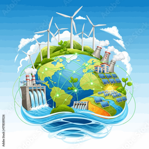 Vibrant Earth illustration promoting renewable energy sources like wind turbines, solar panels, and hydroelectricity, showcasing a sustainable future for all