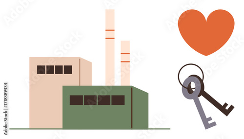 Factory building with two chimneys, heart shape, and crossed keys. Ideal for industry, sustainability, security, real estate, environmental care growth and business strategies. Simple flat metaphor