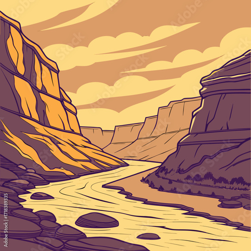 A stylized illustration of a majestic canyon with a winding river flowing through its base under a cloudy sky evoking a sense of natural wonder and adventure