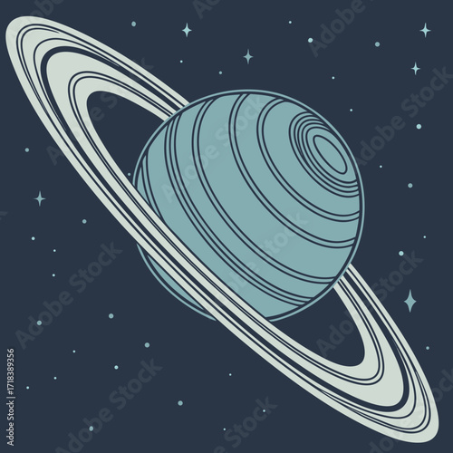 A stylized illustration of a ringed planet with swirling bands and a dark blue starry background evoking a sense of cosmic wonder and celestial beauty