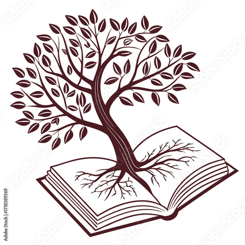 A stylized illustration of a tree with its roots deeply embedded within the pages of an open book symbolizing knowledge growth wisdom and the interconnectedness of learning and nature