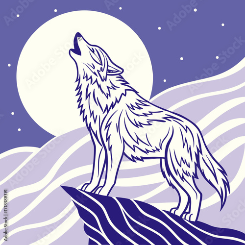 A stylized illustration of a white wolf with dark blue outlines howling at a large pale moon against a starry purple sky and rolling hills