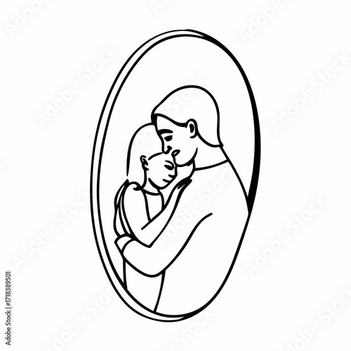 A tender embrace between a parent and child depicted in a simple elegant line art style symbolizing love security and family connection within an oval frame