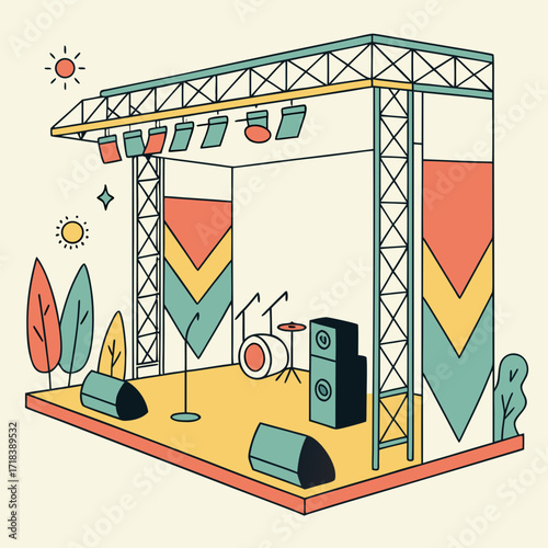 A vibrant outdoor concert stage set up with musical equipment including speakers and a drum kit under a sunny sky with decorative trees and colorful banners adorning the structure