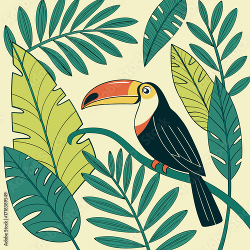 A vibrant illustration of a toucan perched on a branch surrounded by lush green tropical leaves and foliage against a soft yellow background evoking a sense of nature and exoticism