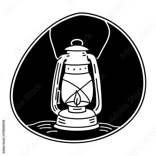 A vintage kerosene lantern with a glowing flame is depicted in a simple bold black and white graphic illustration evoking a sense of nostalgia and rustic charm
