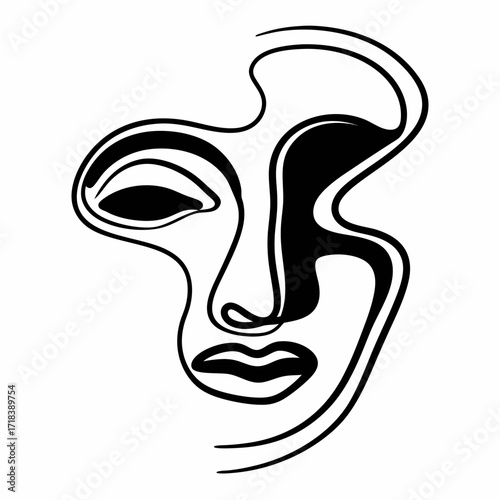 Abstract minimalist black and white line art drawing of a distorted female face with flowing curves and bold shapes representing emotion and identity