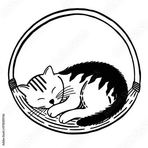 Adorable black and white line art illustration of a contented tabby cat peacefully sleeping curled up in a circular woven basket conveying comfort and tranquility