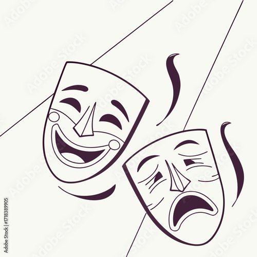 Classic theater masks representing comedy and tragedy are depicted in a simple elegant line art style against a plain background symbolizing the duality of human emotion and performance