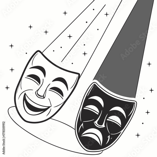 Classic theater masks representing comedy and tragedy illuminated by spotlights against a starry background symbolizing performance and drama