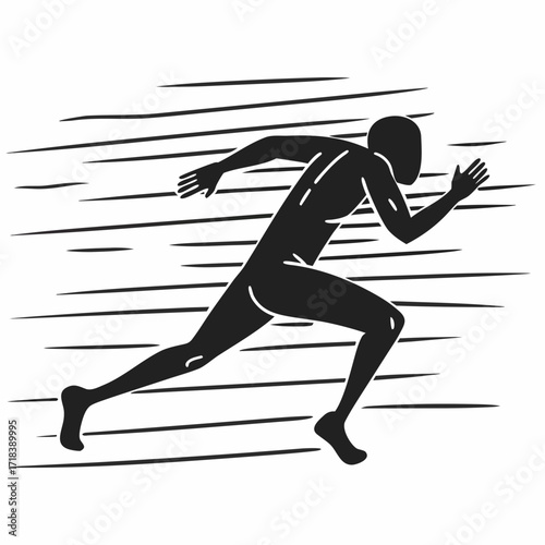 Dynamic silhouette of a male runner in mid stride with abstract speed lines conveying motion and determination against a clean white background perfect for sports and fitness themes