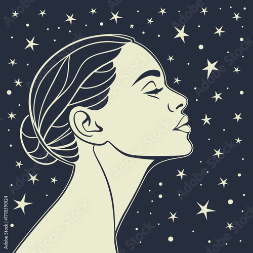 Elegant profile of a woman with closed eyes gazing upwards against a dark starry night sky symbolizing dreams and aspirations
